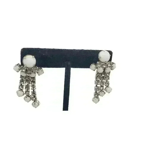 Vintage Earrings White Milk Glass & Clear Rhinestone Dangle Long Moonstone - Picture 2 of 11